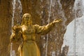 Golden statue of the fountain `Friendship of Nations` at VDNKH - a Soviet architecture in Moscow Russia